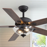 52" Farmhouse Industrial Ceiling Fan with Light, 5 Reversible Wood Grain Blades, DC Motor, Remote Control, 6 Speeds, Forward/Reverse, Matte Black Finish, 6“ Downrod, Glass Lampshade,E26 Bulb Base (2 Bulbs Required, Not Included)
